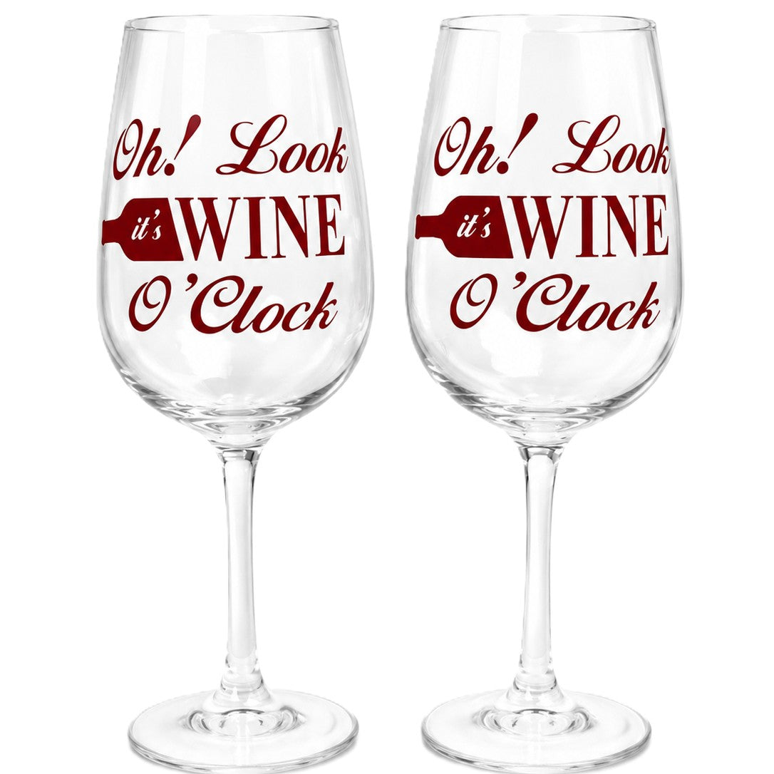 Coupe de Vin en Verre avec Écriture Rouge "Oh! Look It's Wine O'Clock" – Ensemble de 2