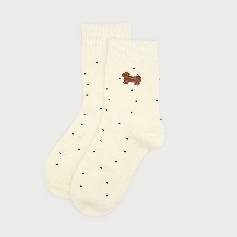 Chaussettes à pois avec chien brodé Crème
