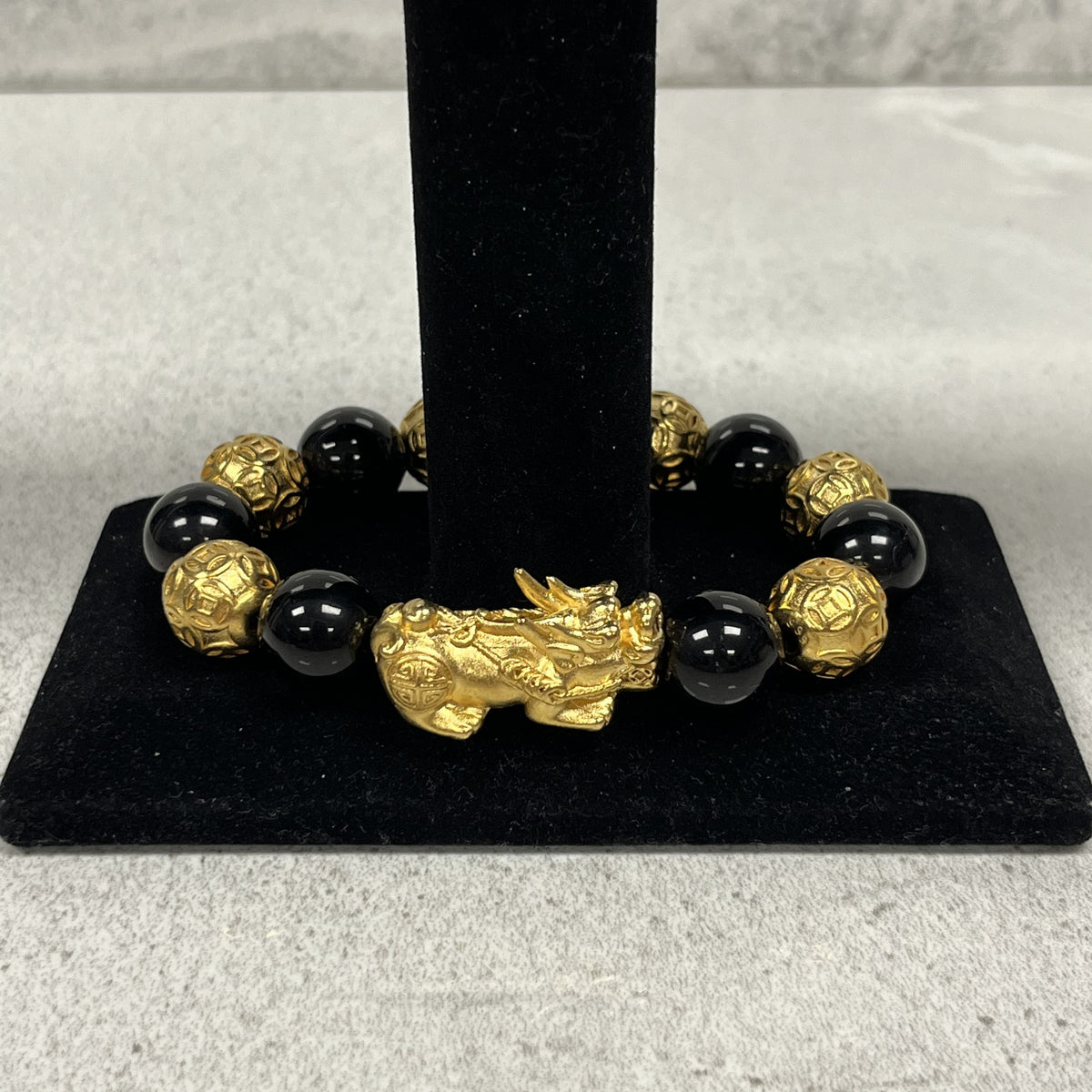 Bracelet Beads "Pyrite &amp; Black Obsidian" Large 14mm Beads Pixiu