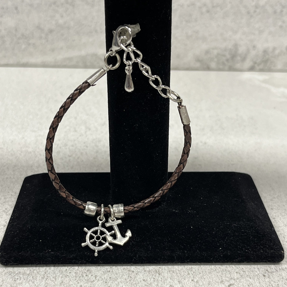Leather and Pewter Bracelet with Anchor Charm and Ship Wheel Handmade