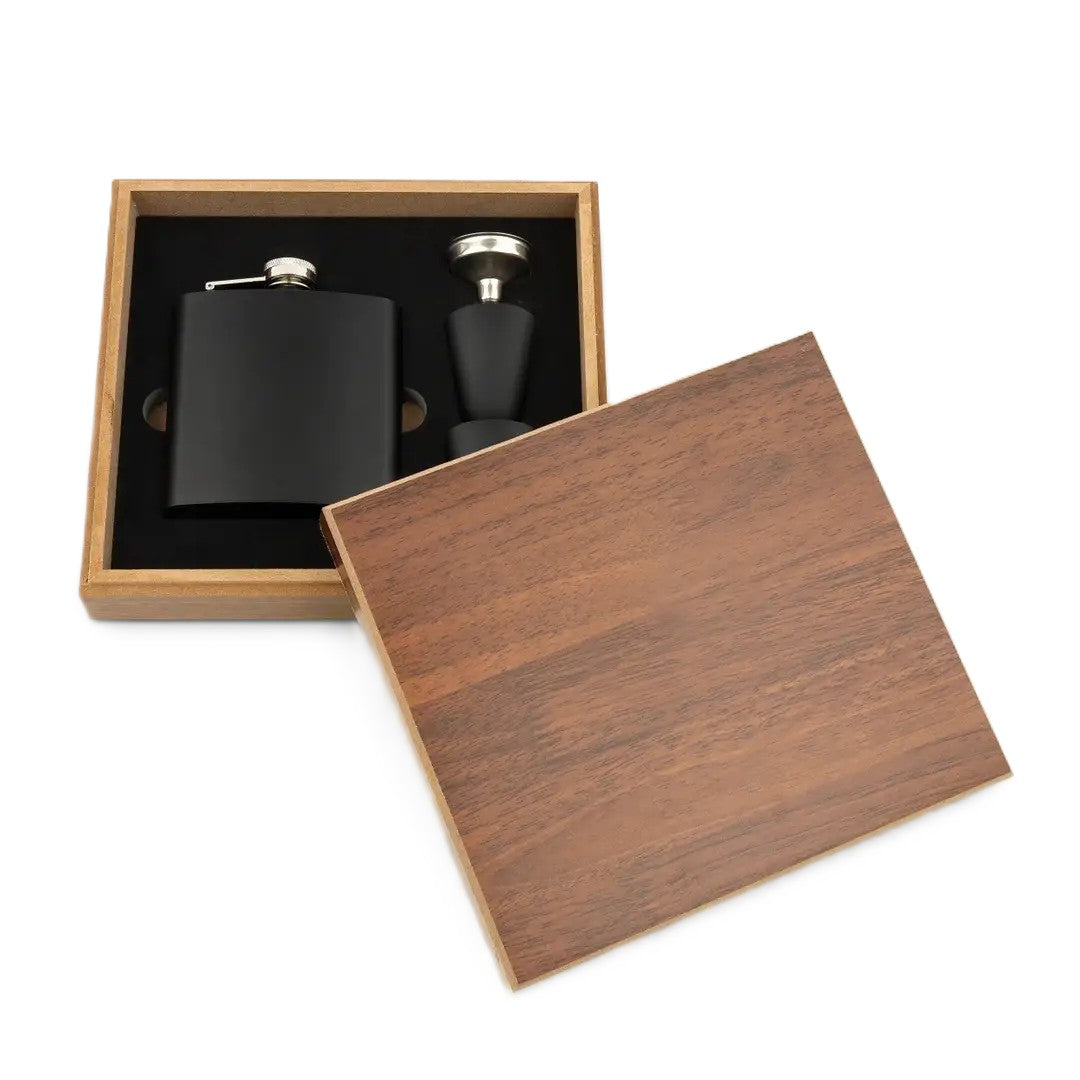 Coffret cadeau en bois avec flasque noire en métal - non personnalisé