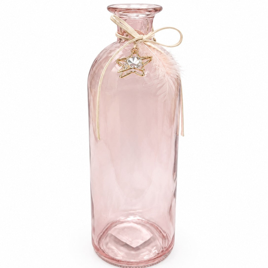 Vase Rose en Verre Avec Petite Plume et Étoile