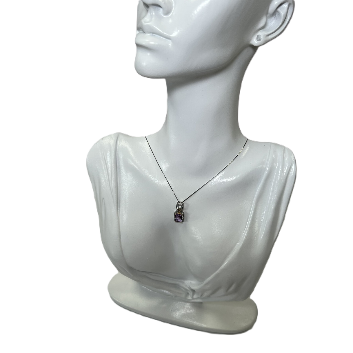 925 Sterling Silver Chain with Rectangular Amethyst and Zircon Pendant