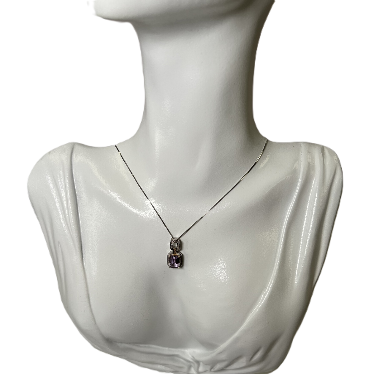 925 Sterling Silver Chain with Rectangular Amethyst and Zircon Pendant