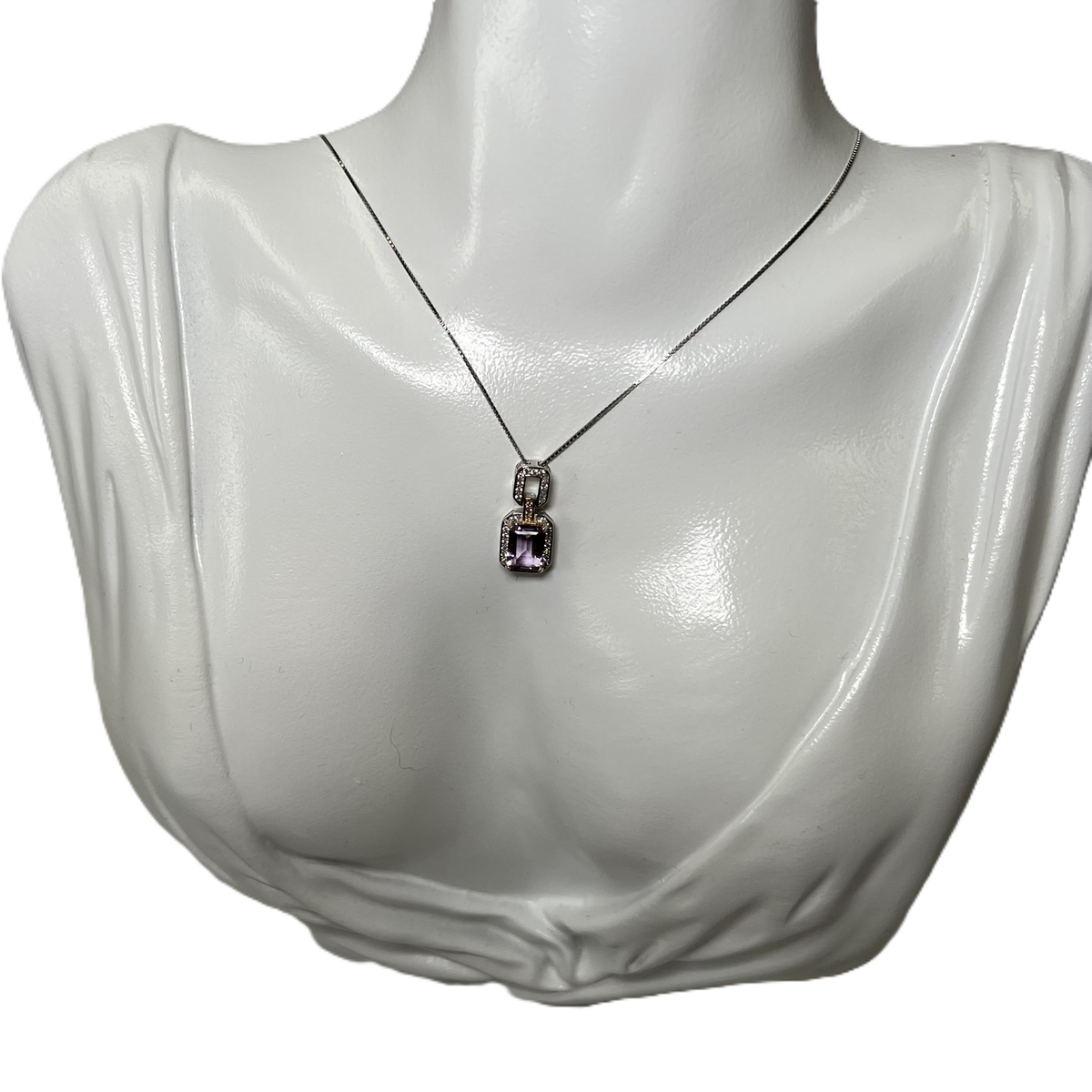 925 Sterling Silver Chain with Rectangular Amethyst and Zircon Pendant