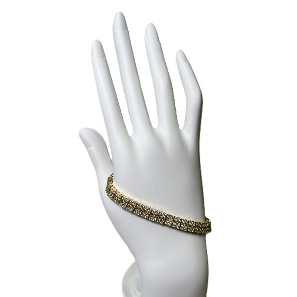 Bracelet en Or Plaqué à Deux Rang de Zircons Clairs et Un Rang Jaune