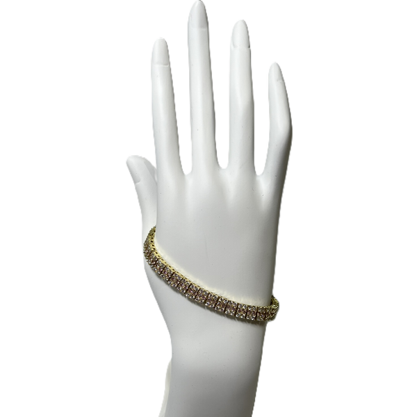 Bracelet en Or Plaque à Trois Rangs de Zircon Clairs et Rose Pâle