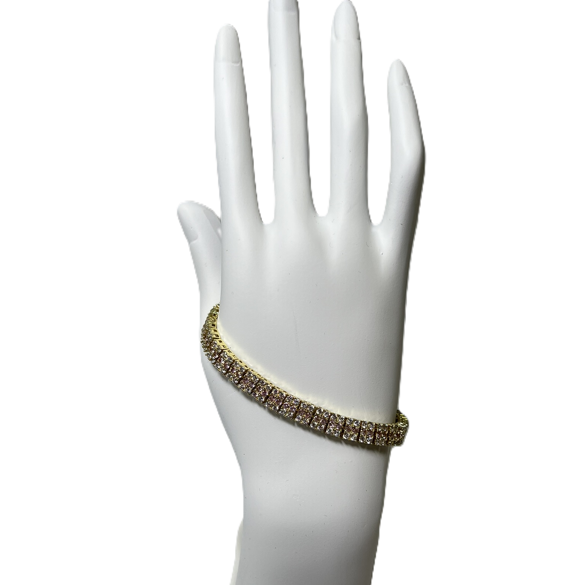 Bracelet en Or Plaque à Trois Rangs de Zircon Clairs et Rose Pâle