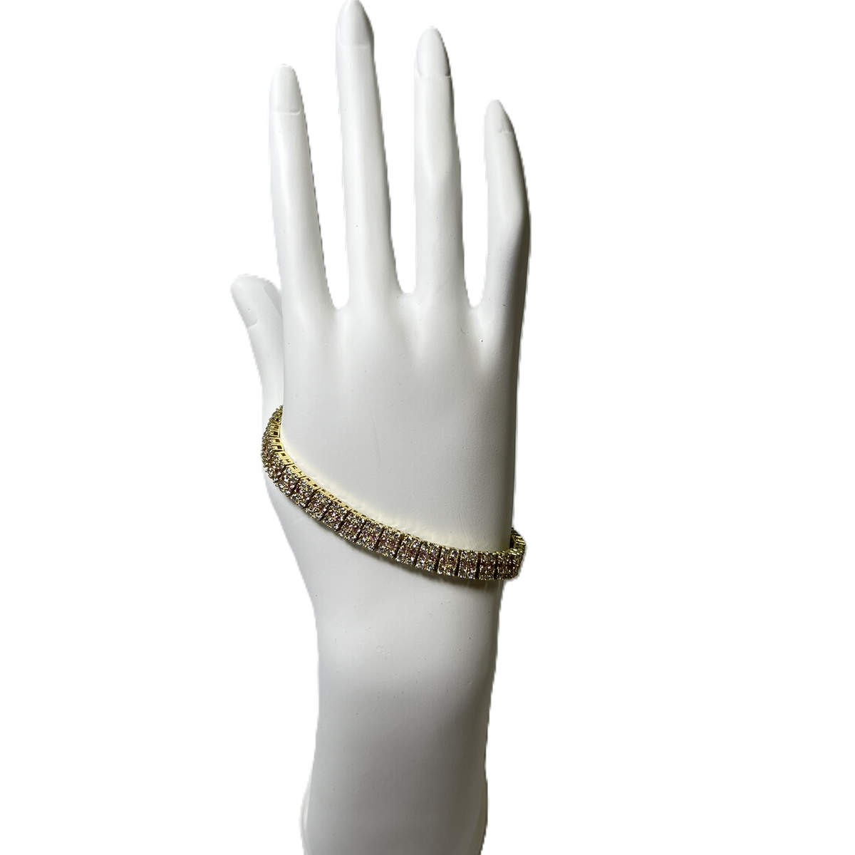 Bracelet en Or Plaque à Trois Rangs de Zircon Clairs et Rose Pâle