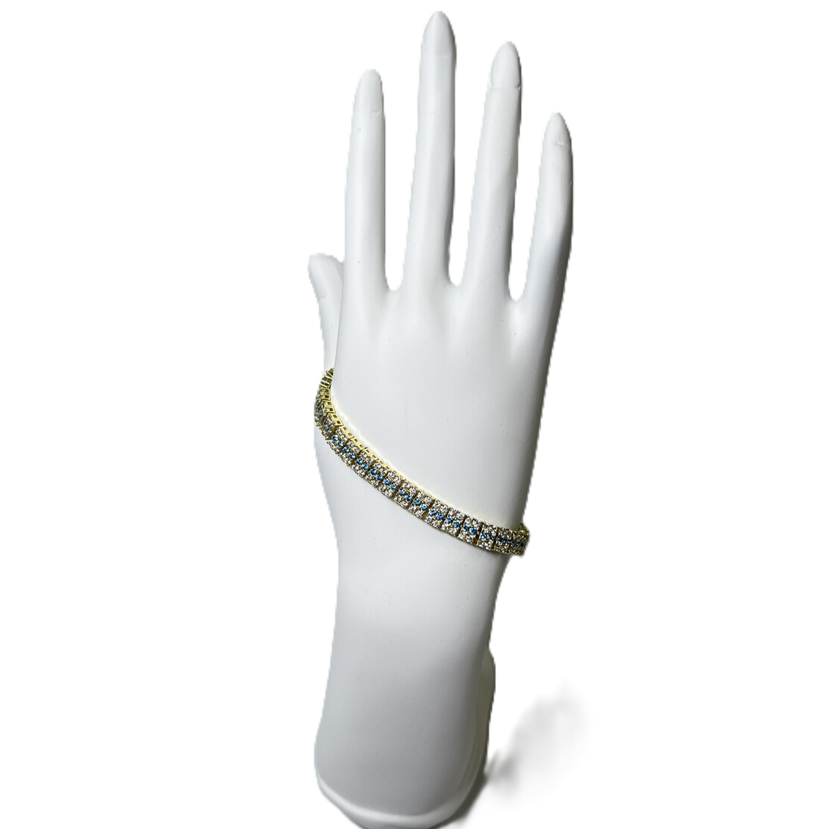 Bracelet en Or Plaque  à Deux Rangs de Zircon Clairs et Bleu Pale