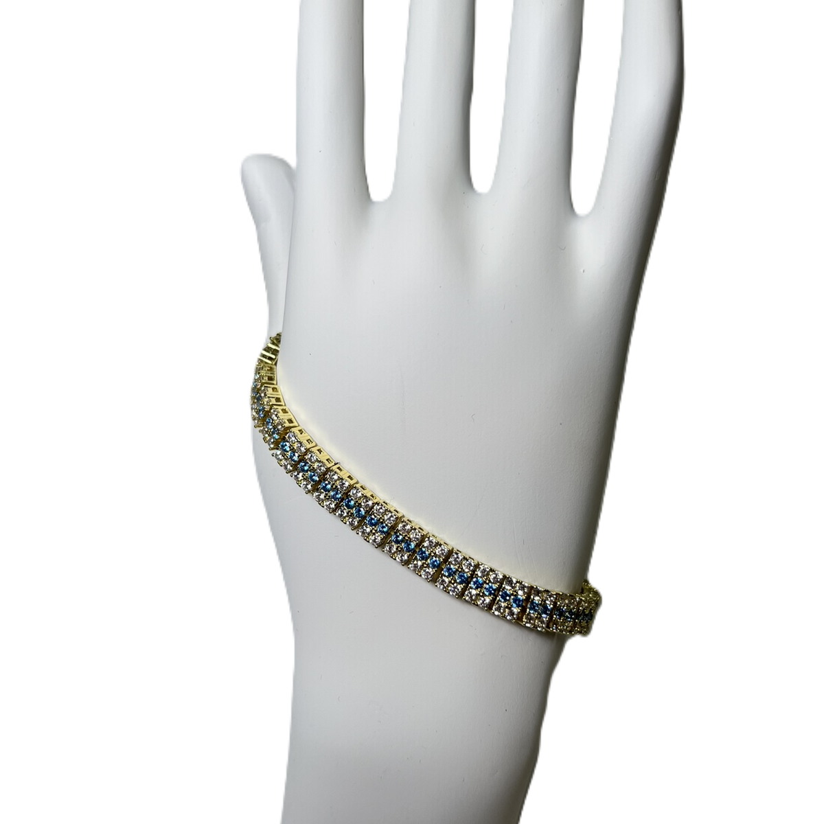 Bracelet en Or Plaque  à Deux Rangs de Zircon Clairs et Bleu Pale