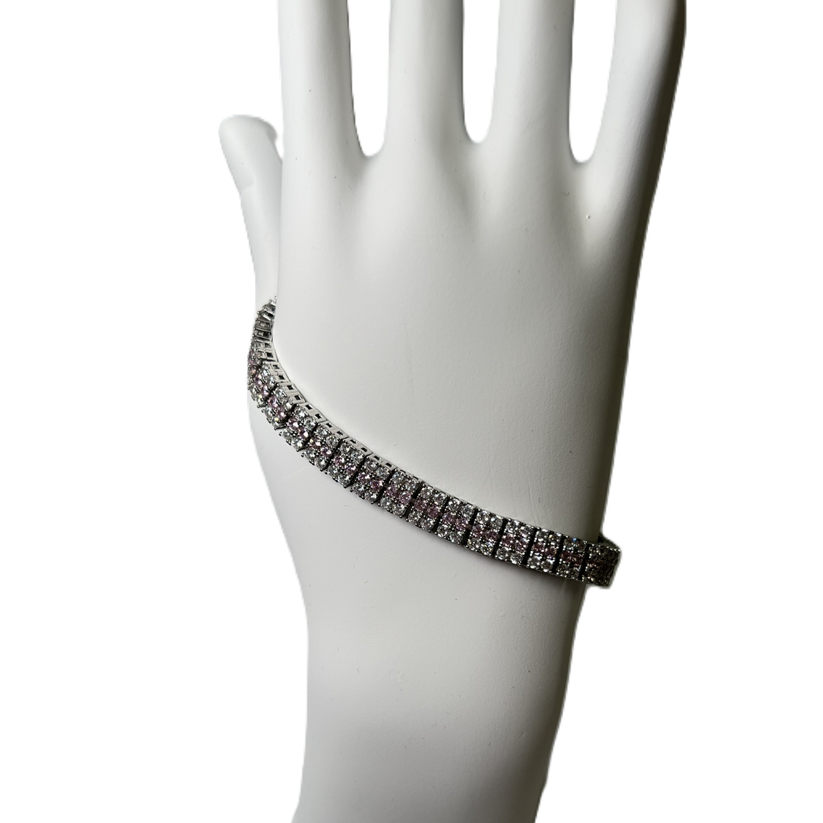 Bracelet en Argente Plaque à Deux Rangs de Zircon Clairs et Rose Pâle