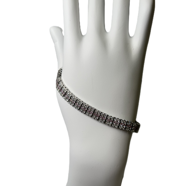 Bracelet en Argente Plaque à Deux Rangs de Zircon Clairs et Rose Pâle