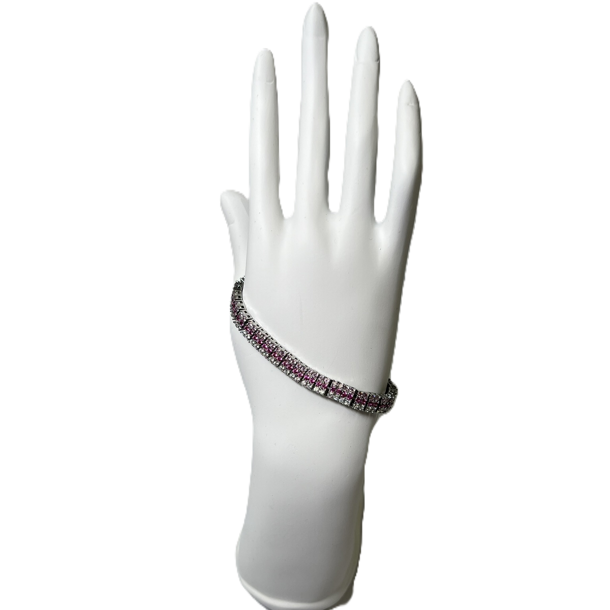 Bracelet en Argente Plaque  à Deux Rangs de Zircon Clairs et Fushia