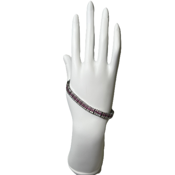 Bracelet en Argente Plaque  à Deux Rangs de Zircon Clairs et Fushia