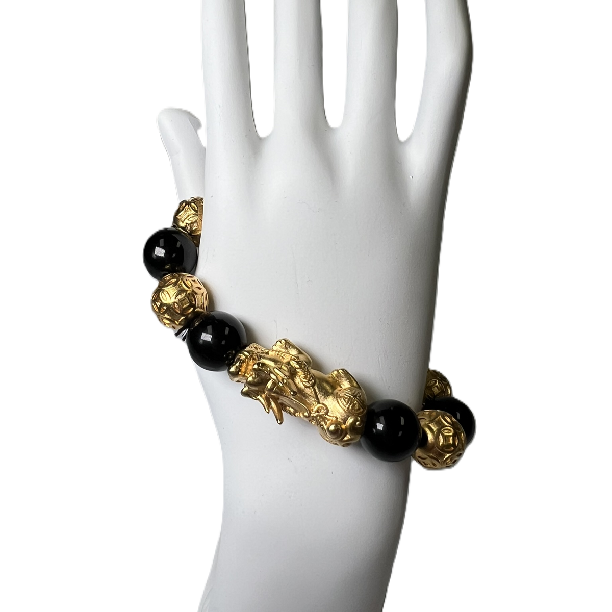 Bracelet Beads "Pyrite &amp; Black Obsidian" Large 14mm Beads Pixiu