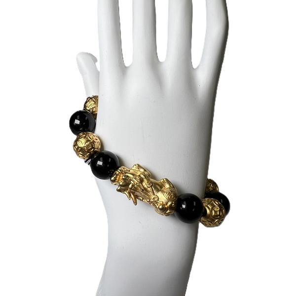 Bracelet Beads "Pyrite &amp; Black Obsidian" Large 14mm Beads Pixiu