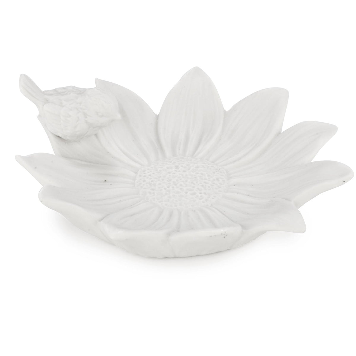 Plateau décoratif blanc en forme de fleur avec petit oiseau