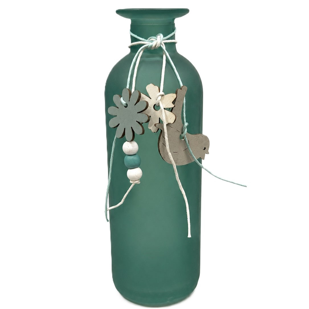 Petit Vase en Verre Décoratif Bleu-Vert avec Petit Oiseau en Bois